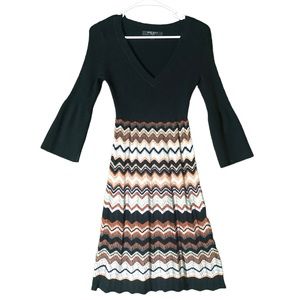 Nine West Bell Sleeves Fit & Flare Zig-Zag Striped Midi Multicolor Sweater Dress
